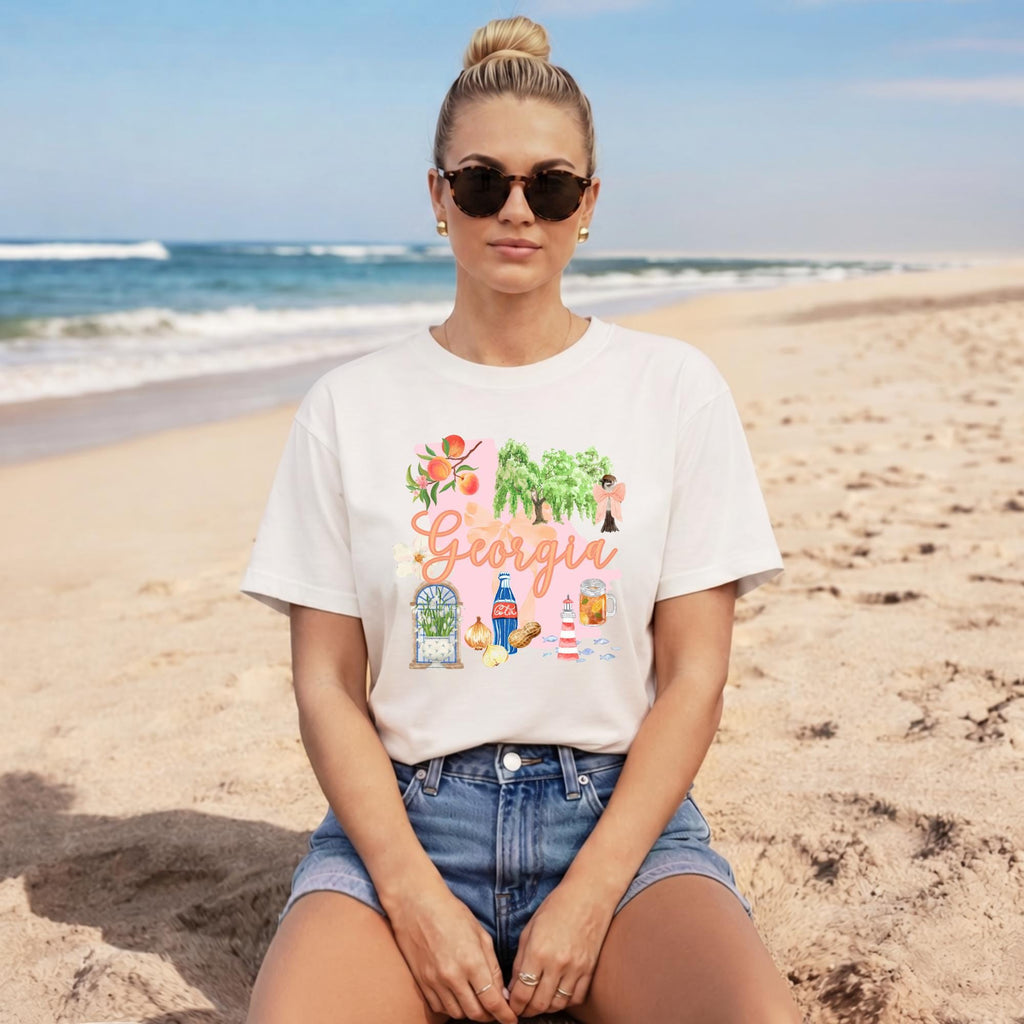 Georgia State Shirt – Southern Pride Graphic Tee with Peach Icons by The Saltwater Press