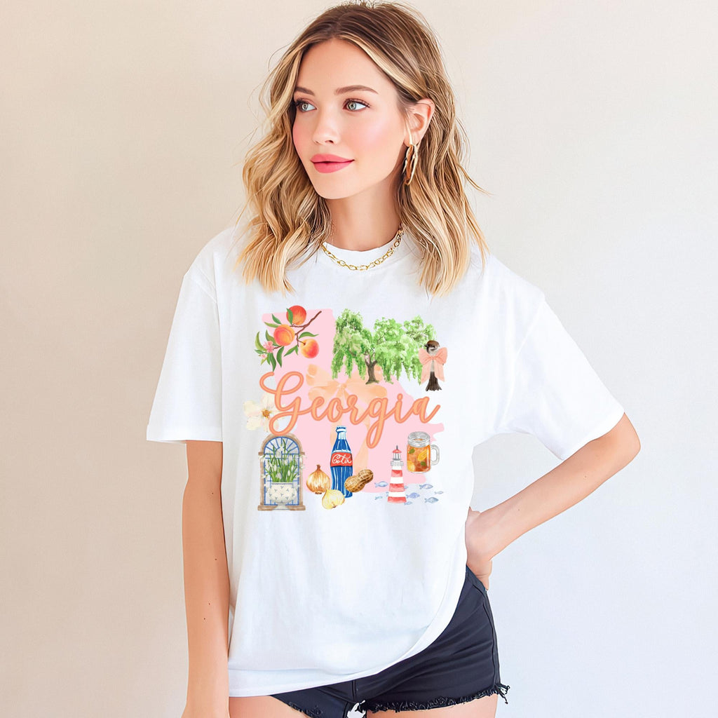 Georgia State Shirt – Southern Pride Graphic Tee with Peach Icons by The Saltwater Press