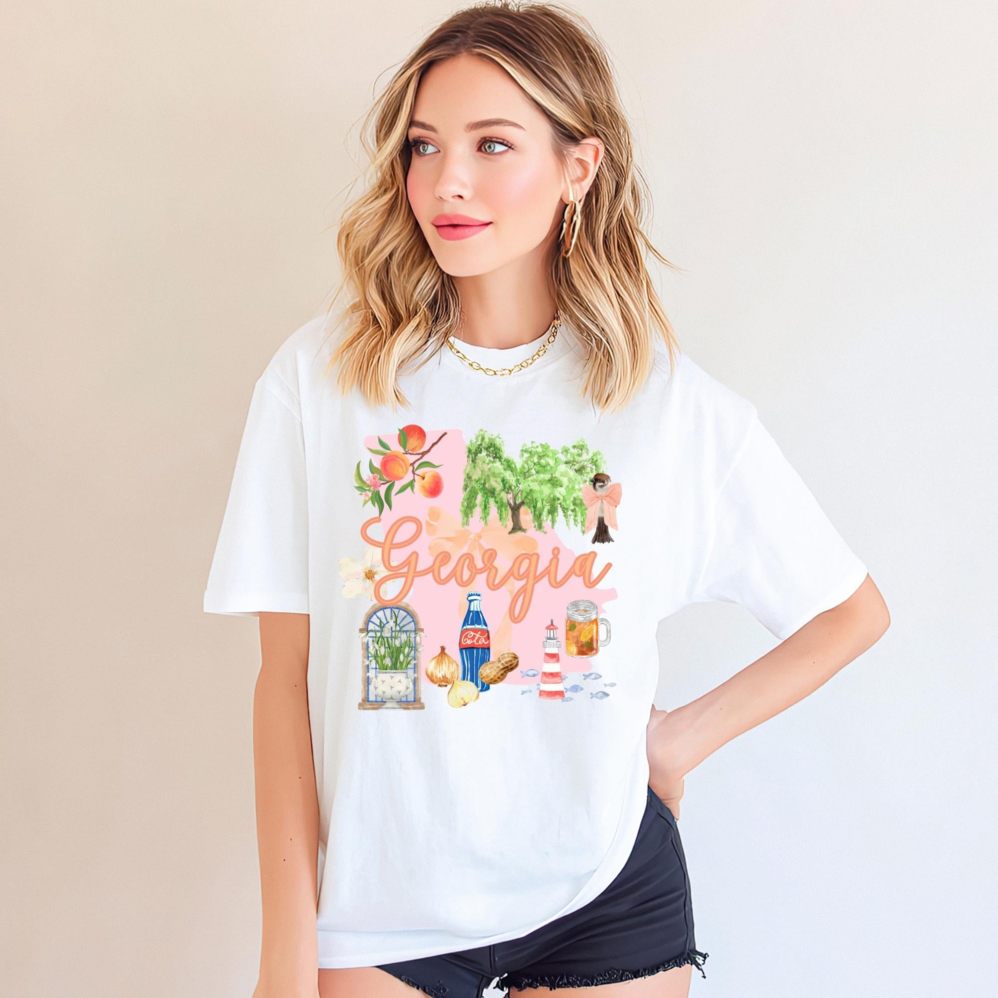Georgia State Shirt – Southern Pride Graphic Tee with Peach Icons by The Saltwater Press