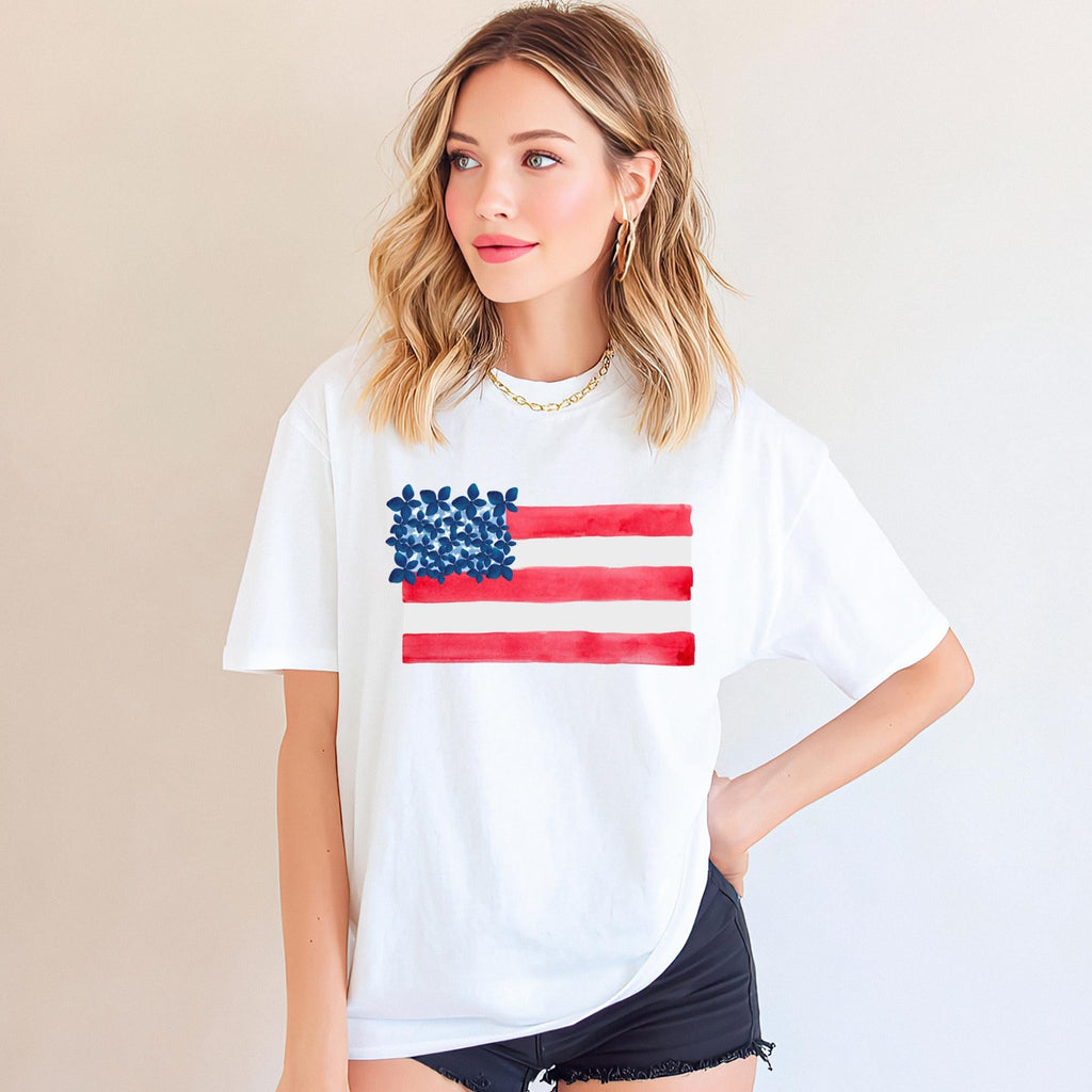 Fourth July Shirt Women – Watercolor American Flag Comfort Colors Tee by The Saltwater Press