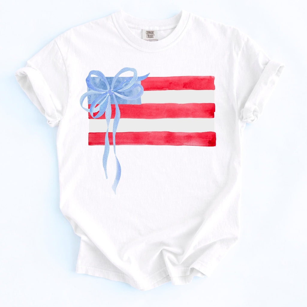 Girls 4th July Shirt – Watercolor American Flag Tee with Blue Bow by The Saltwater Press