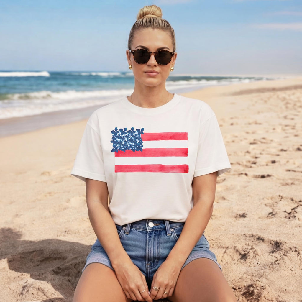 Fourth July Shirt Women – Watercolor American Flag Comfort Colors Tee by The Saltwater Press