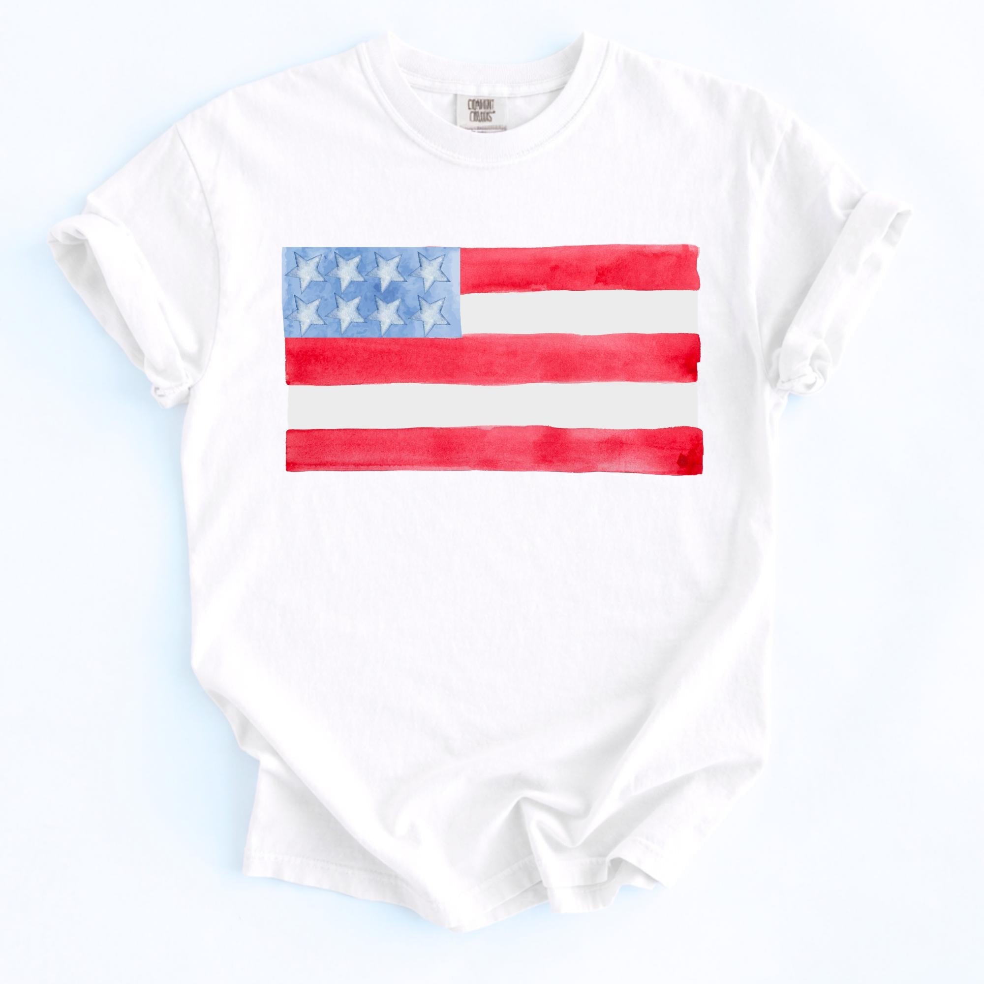 Fourth July Kids Shirt – Personalized Watercolor American Flag Tee by The Saltwater Press