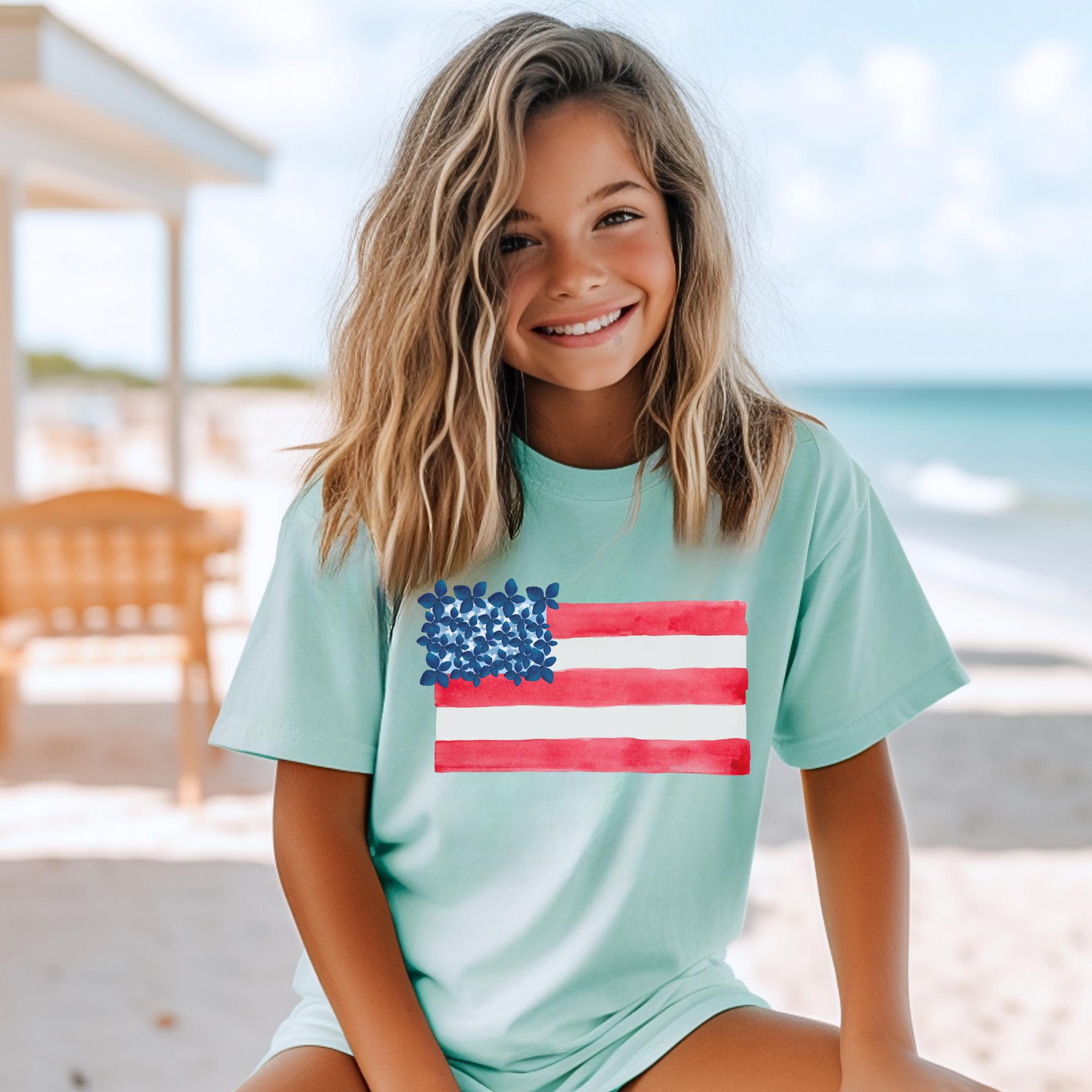 Girls 4th July Shirt – Personalized Floral Flag Youth Tee by The Saltwater Press