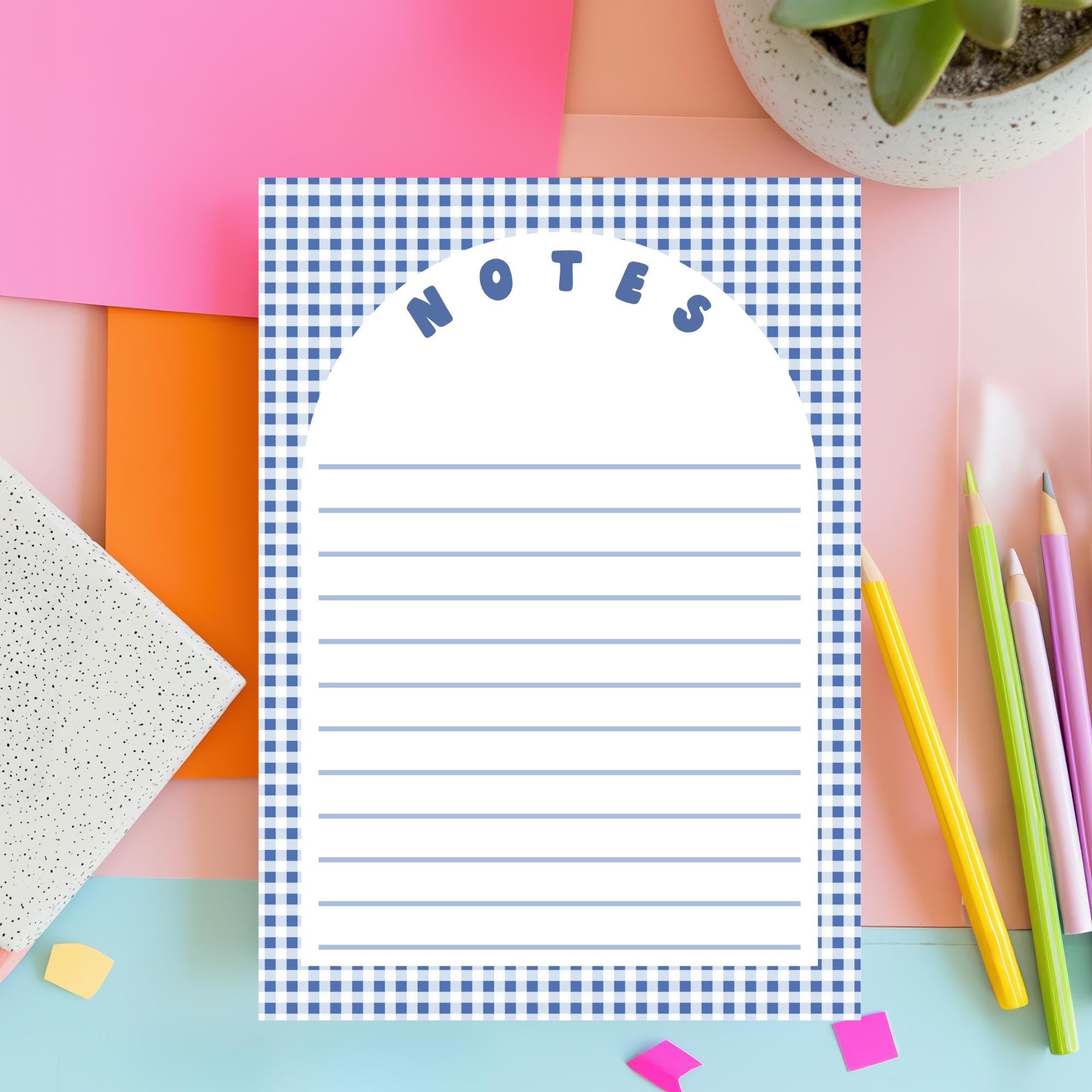Gingham Notepad – Lined Tear Away Pages for Blue Checkered Desk by The Saltwater Press